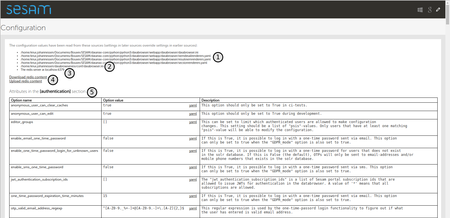 Screenshot of configuration admin page