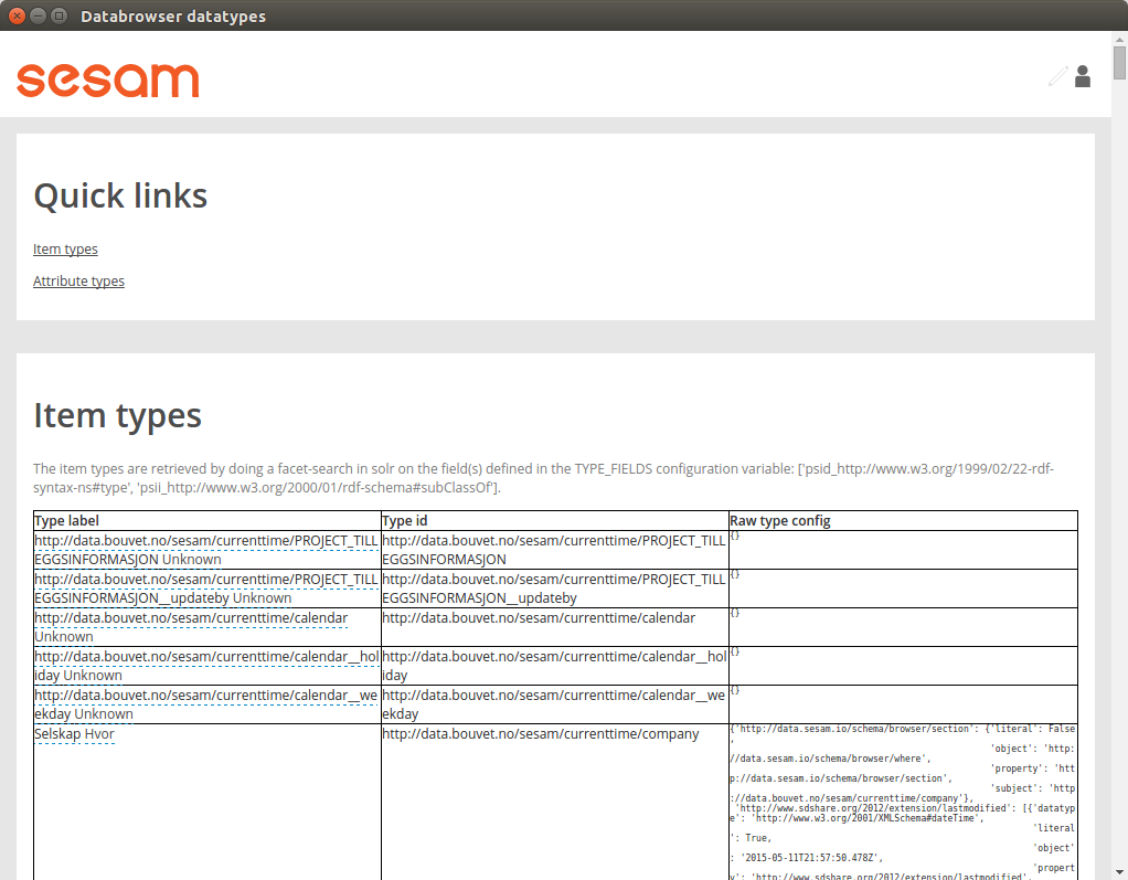 Screenshot of datatypes admin page